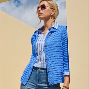 Talbots Blue Textured Women's polo sweater cardigan with gold buttons